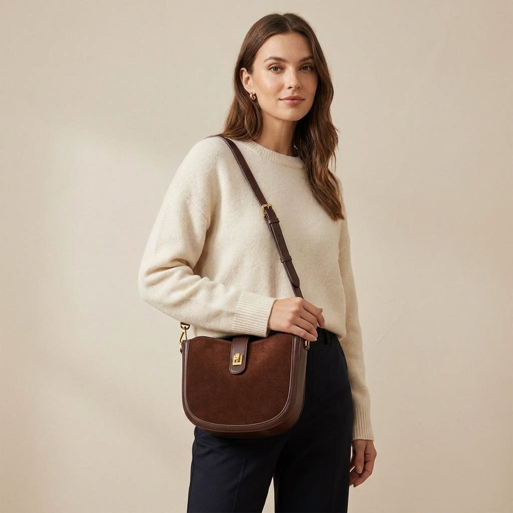 Luna Frosted Suede Half Moon Bag em uso por modelo