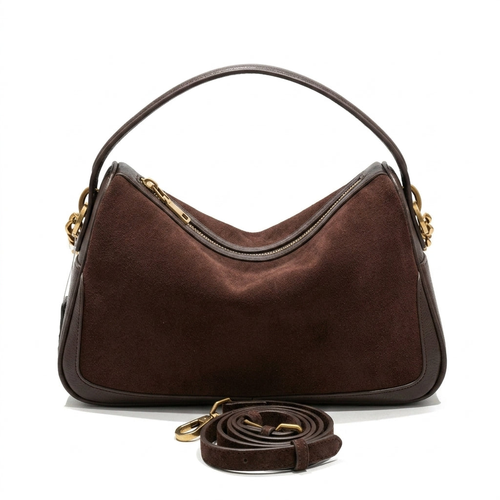 Minimalist Soft Suede Shoulder Bag na cor frosted brown em fundo branco