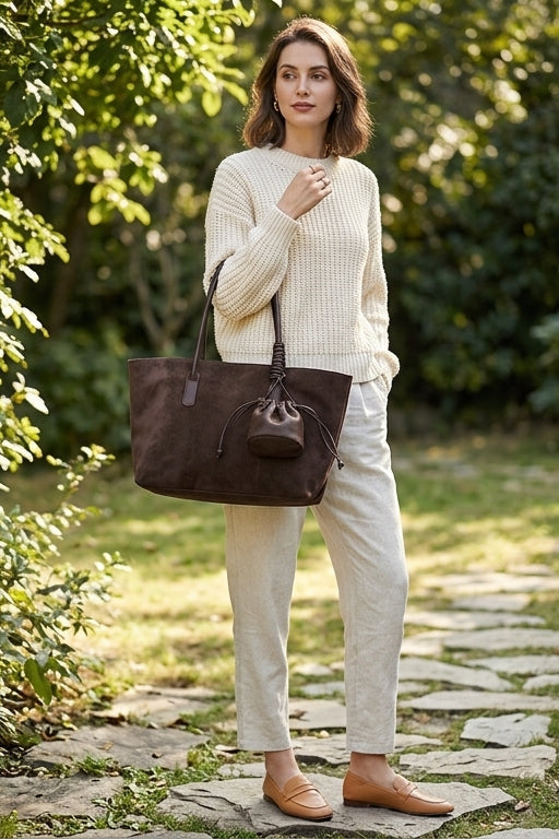Matte Velvet Oversized Tote Bag em uso por modelo