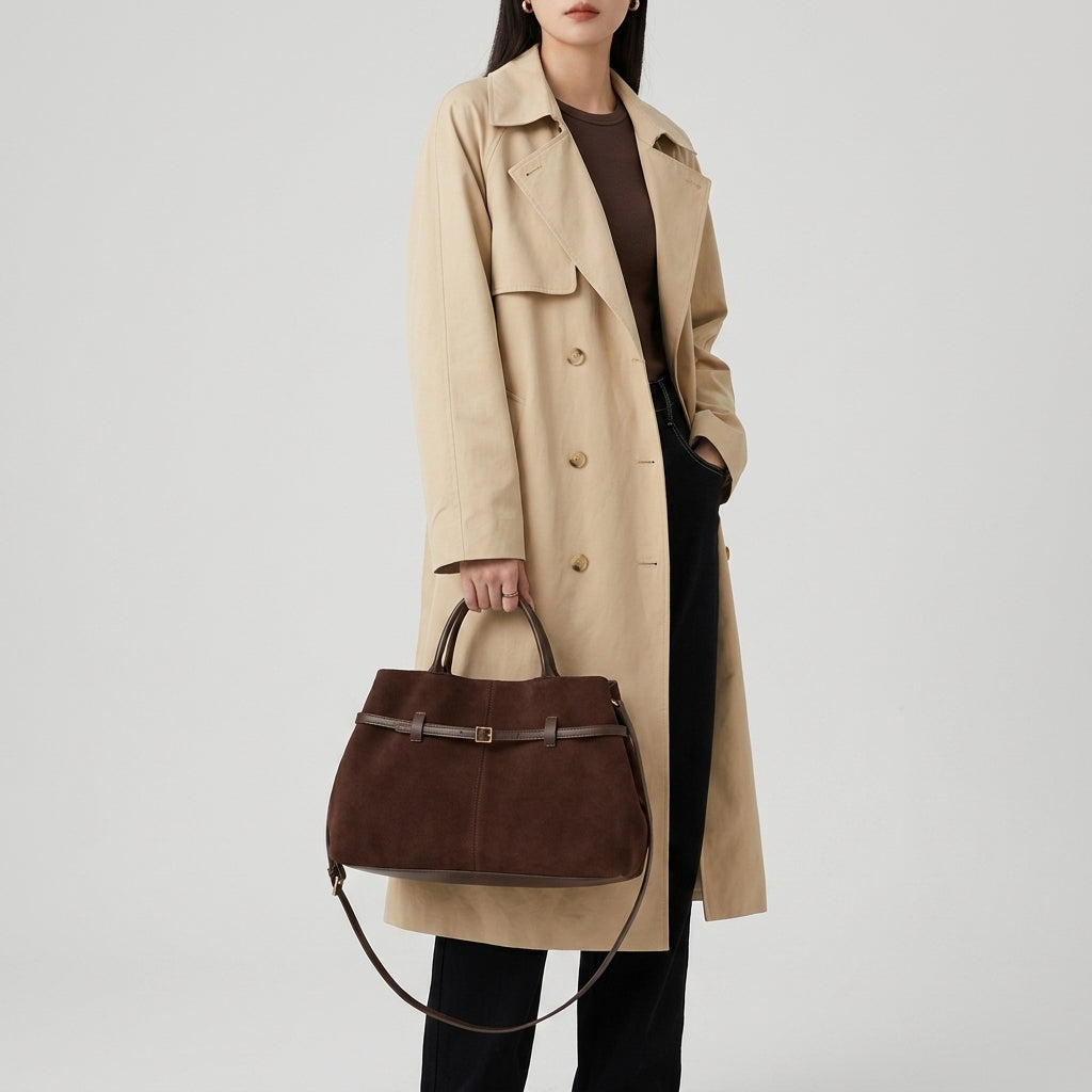 The Suede Urban Commuter Bag em uso por modelo