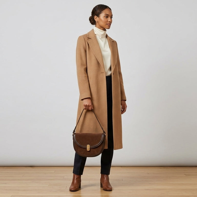 Matte Suede All-Season Shoulder Bag em uso por modelo