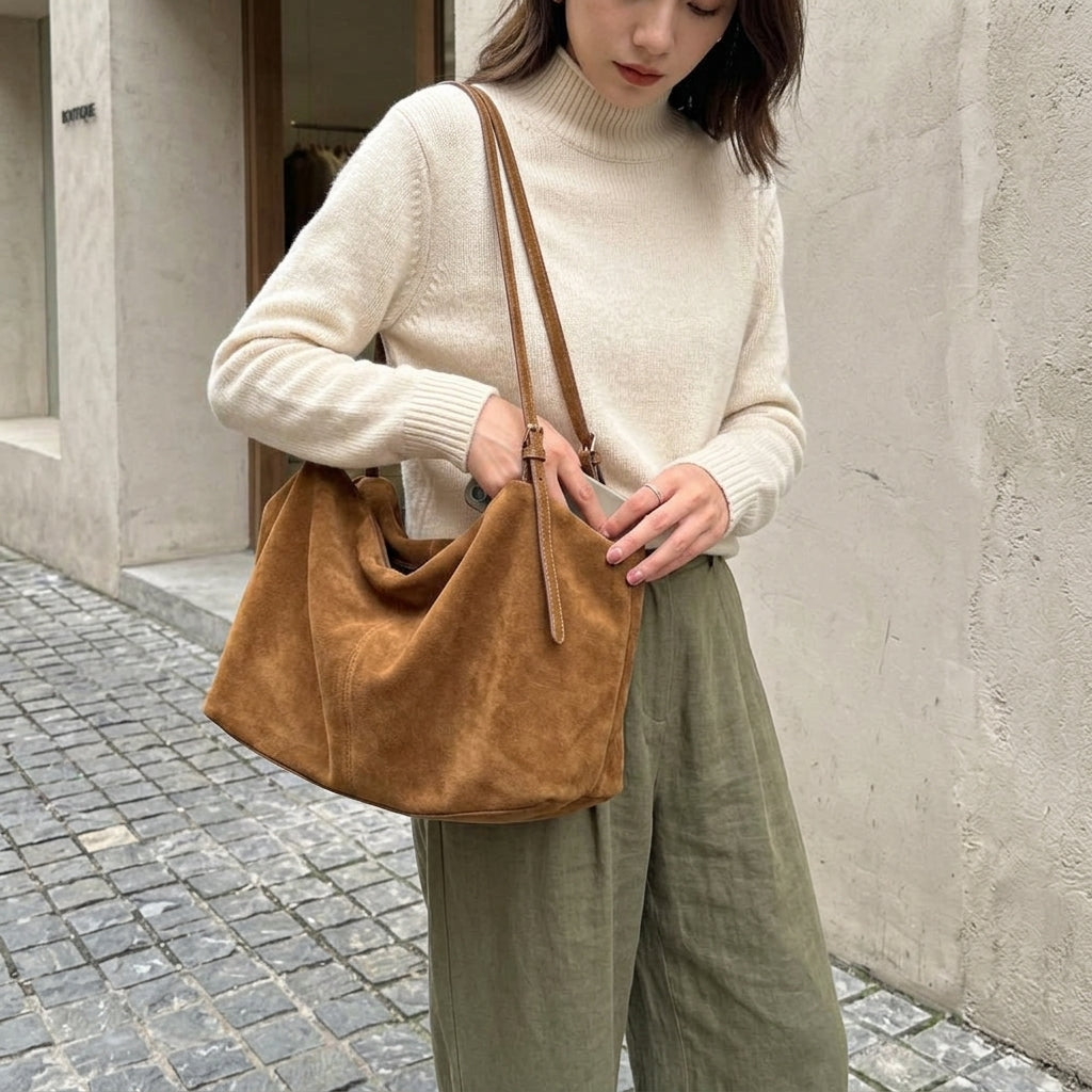 The Suede Boston Pillow Bag em uso por modelo