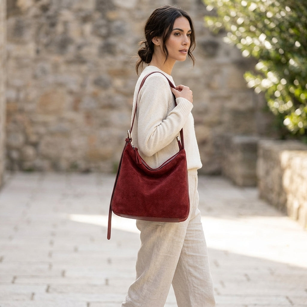 Velvet-Matte Slouchy Tote em uso por modelo