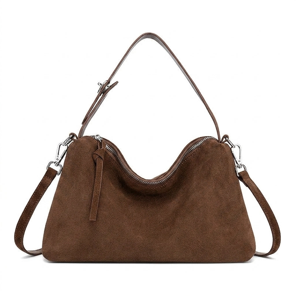 Large Suede Shoulder Bag for Work na cor Brown em fundo branco