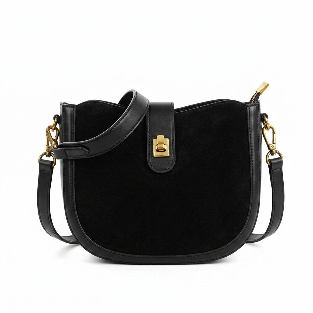 Luna Frosted Suede Half Moon Bag na cor black em fundo branco