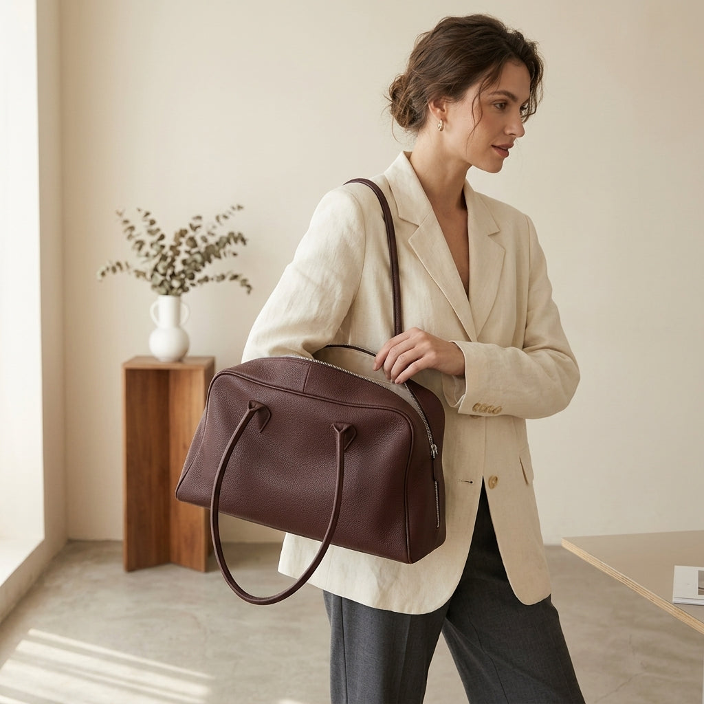 Signature Soft Suede Barrel Bag em uso por modelo