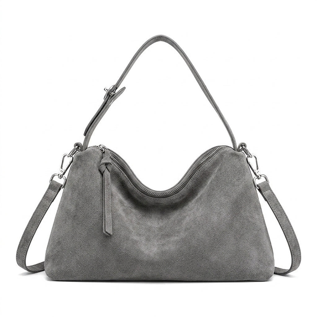 Large Suede Shoulder Bag for Work na cor GRAY em fundo branco