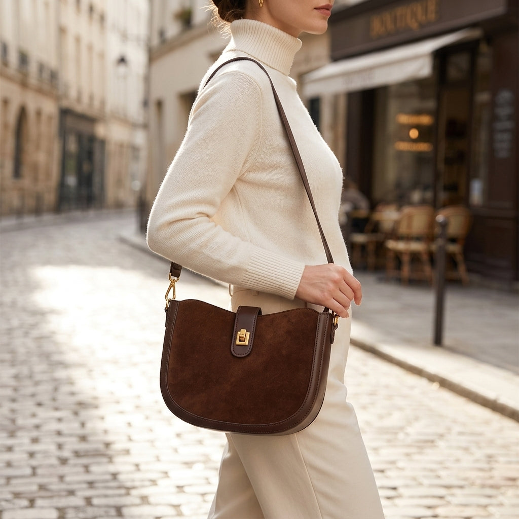 Matte Suede All-Season Shoulder Bag em uso por modelo