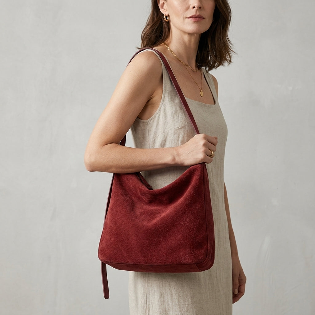 Velvet-Matte Slouchy Tote em uso por modelo