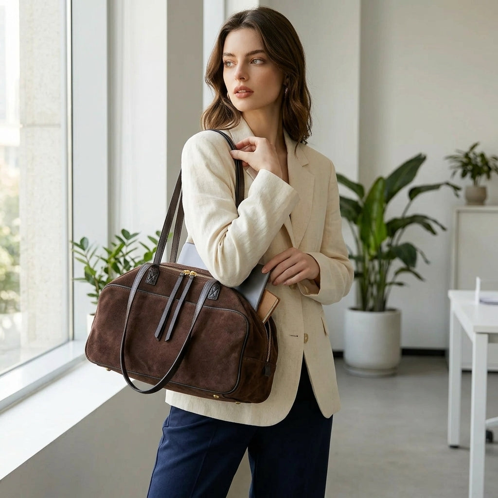 Matte Velvet Essence Shoulder Bag em uso por modelo