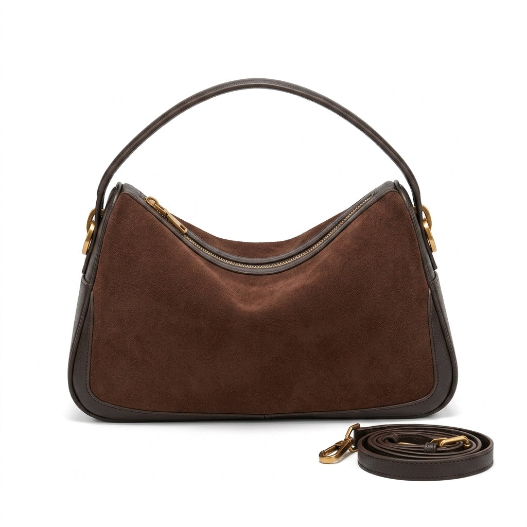 Minimalist Soft Suede Shoulder Bag na cor frosted coffee em fundo branco