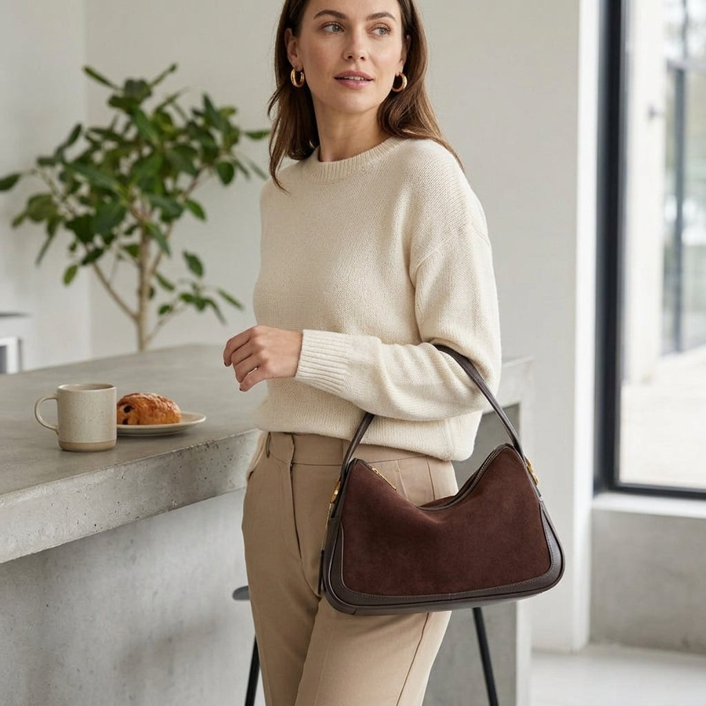 Minimalist Soft Suede Shoulder Bag em uso por modelo