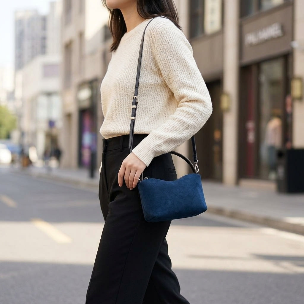The Suede Mini Box Bag em uso por modelo