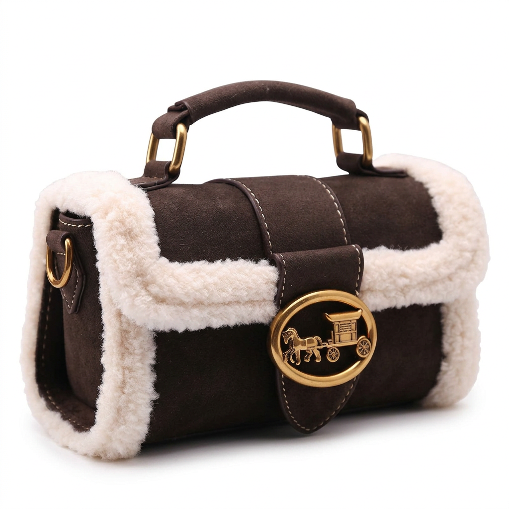 Plush Square Crossbody Bag Luxury na cor Coffee em fundo branco