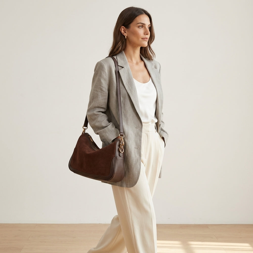 Minimalist Soft Suede Shoulder Bag em uso por modelo