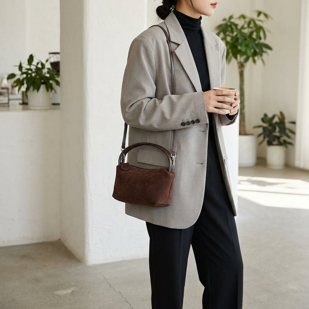 The Suede Mini Box Bag em uso por modelo
