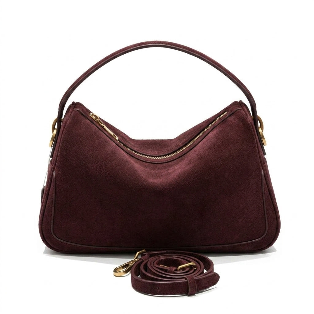 Minimalist Soft Suede Shoulder Bag na cor flat burgundy em fundo branco