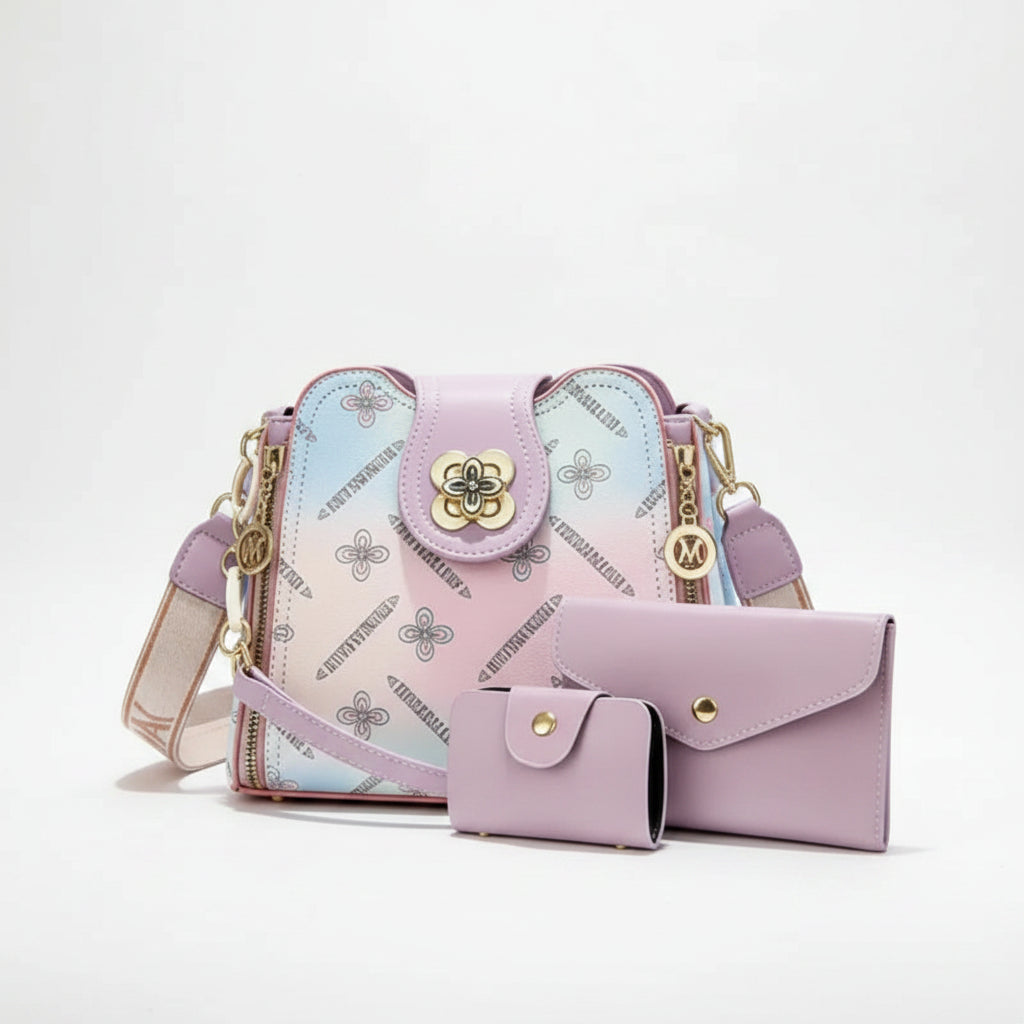 Premium Rainbow Print Bucket Crossbody Bag Set