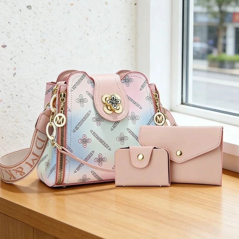Premium Rainbow Print Bucket Crossbody Bag Set