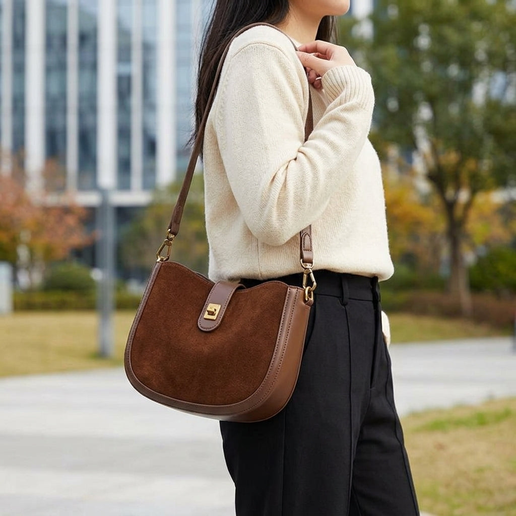 Luna Frosted Suede Half Moon Bag em uso por modelo