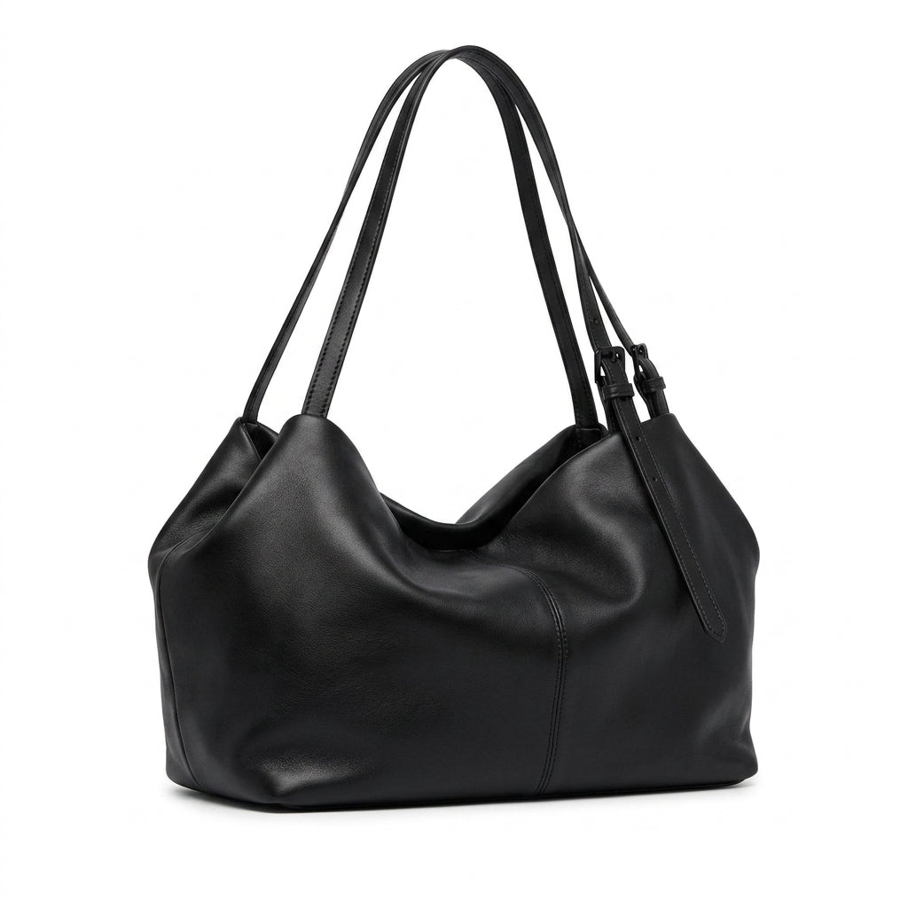 The Suede Boston Pillow Bag na cor Black Leather em fundo branco