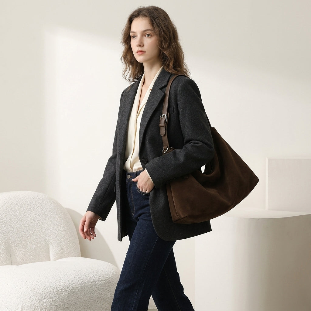 Matte Velvet Niche Shoulder Bag em uso por modelo