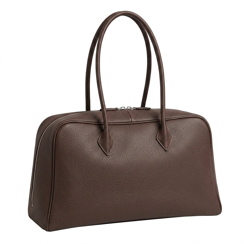 Signature Soft Suede Barrel Bag na cor coffee em fundo branco