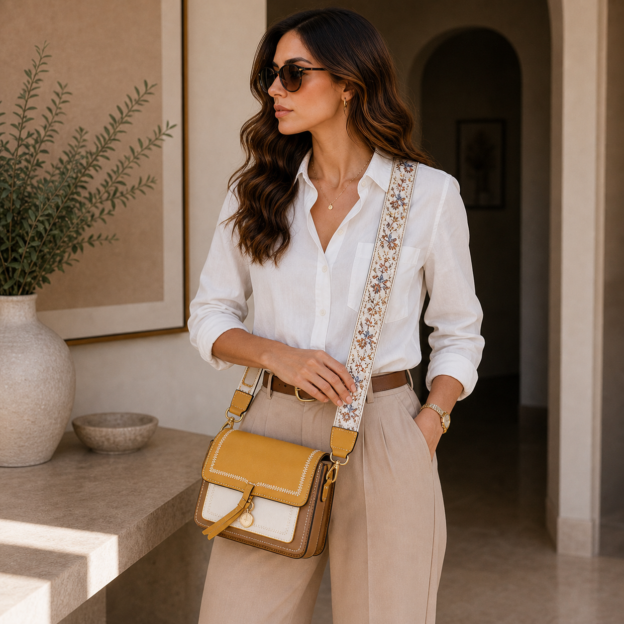 Model wearing Yellow Contrasting Color Crossbody Bag