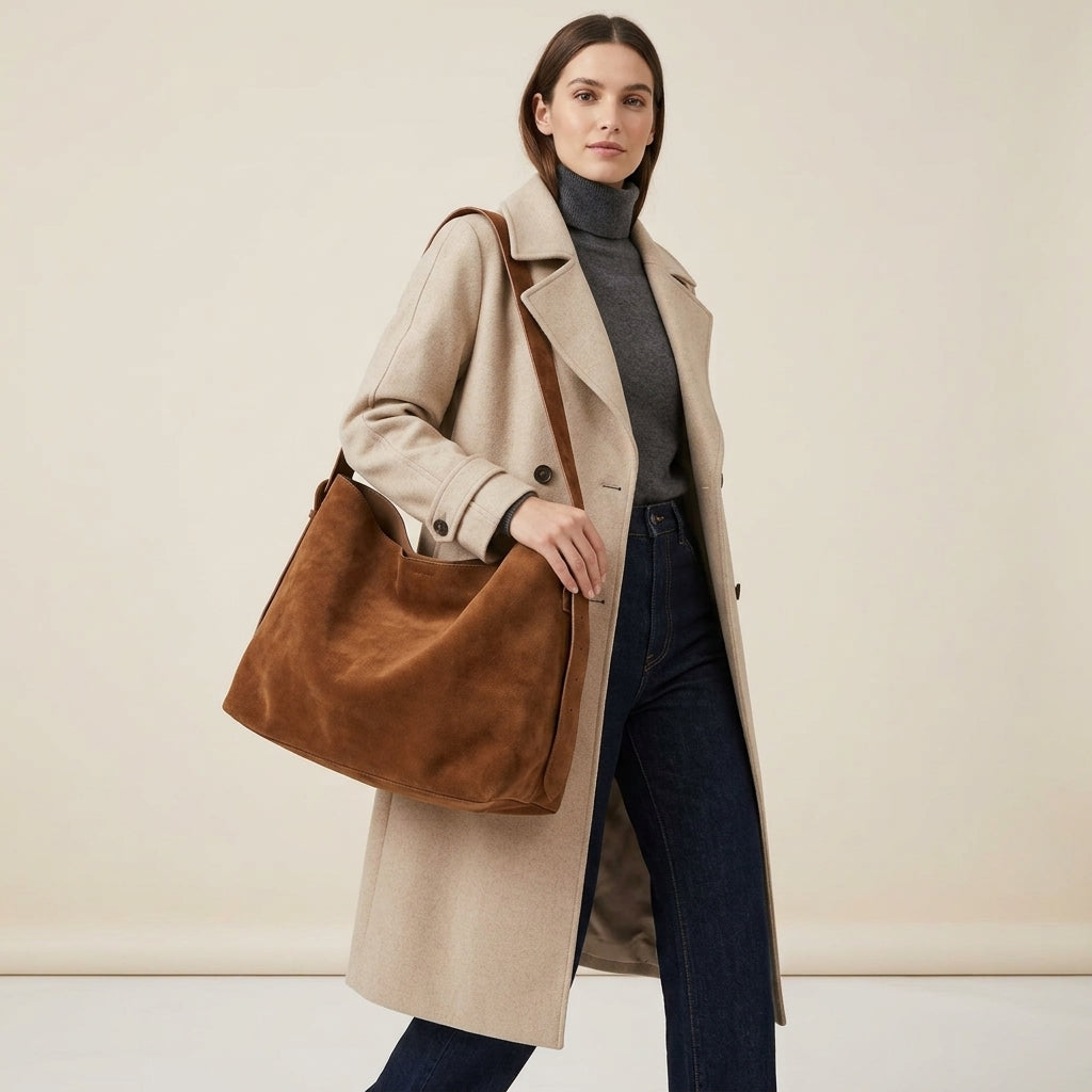 The Grand Suede Winter Bag em uso por modelo