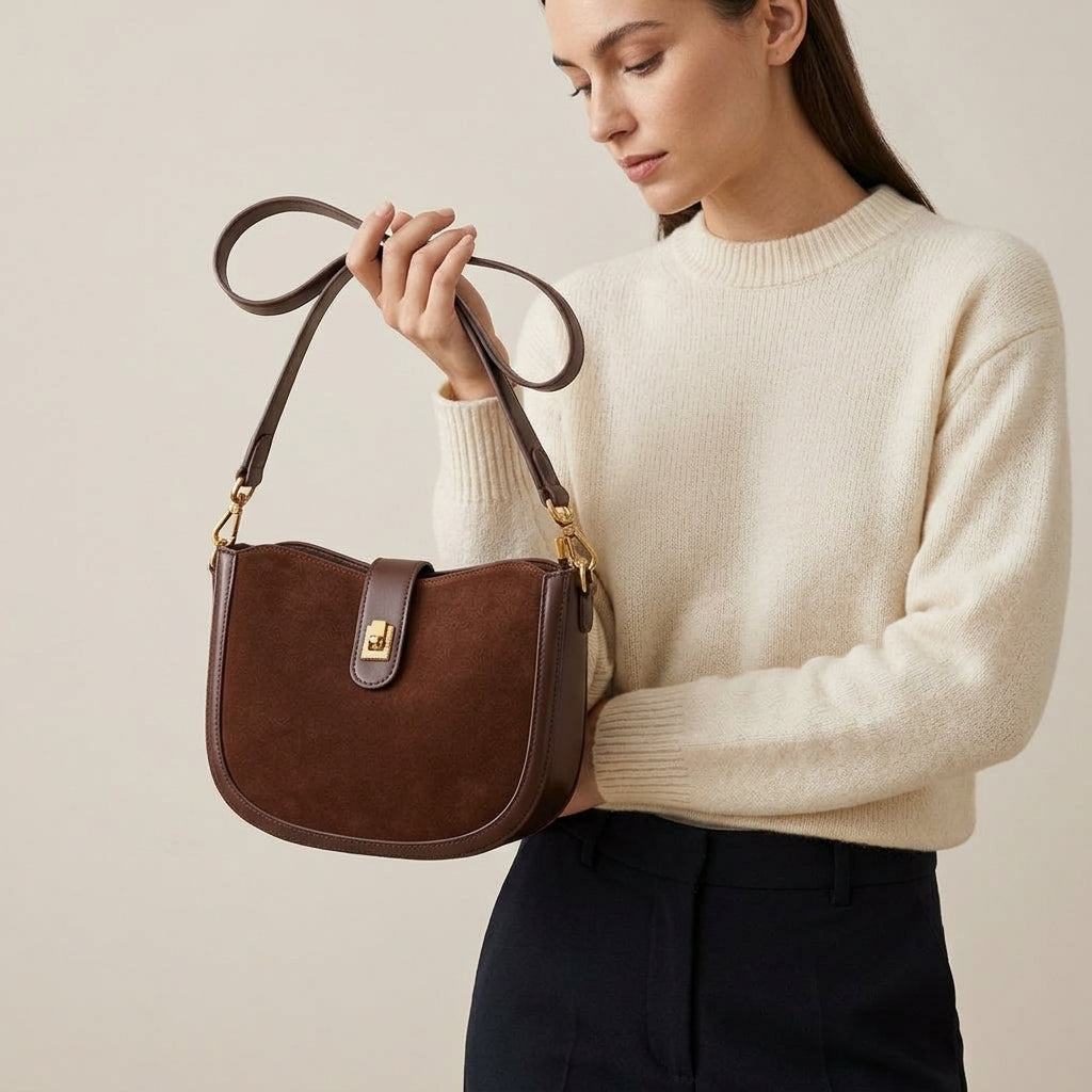 Luna Frosted Suede Half Moon Bag em uso por modelo