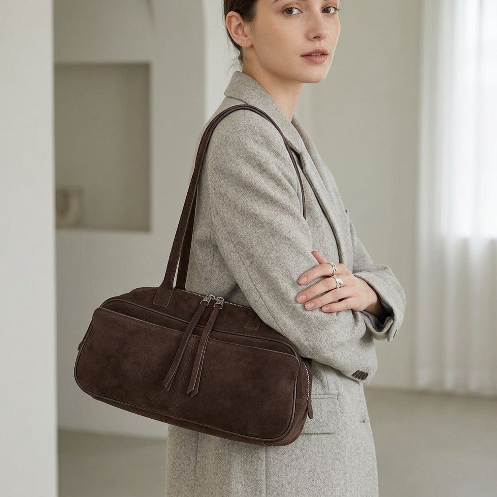 The Serene Suede Barrel Bag em uso por modelo