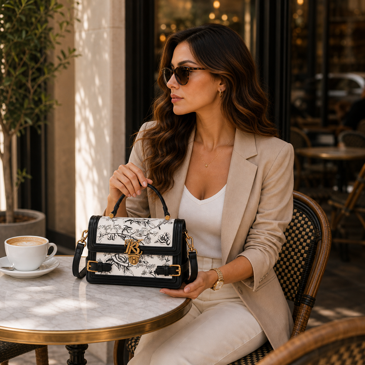Model holding Embroidered Niche Crossbody Bag
