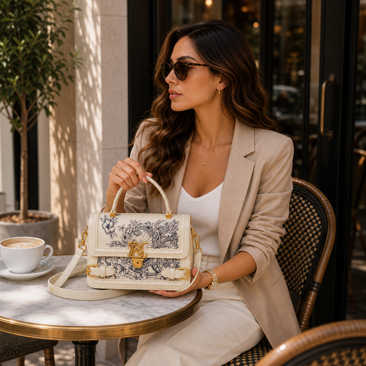 Model holding Embroidered Square Crossbody Bag
