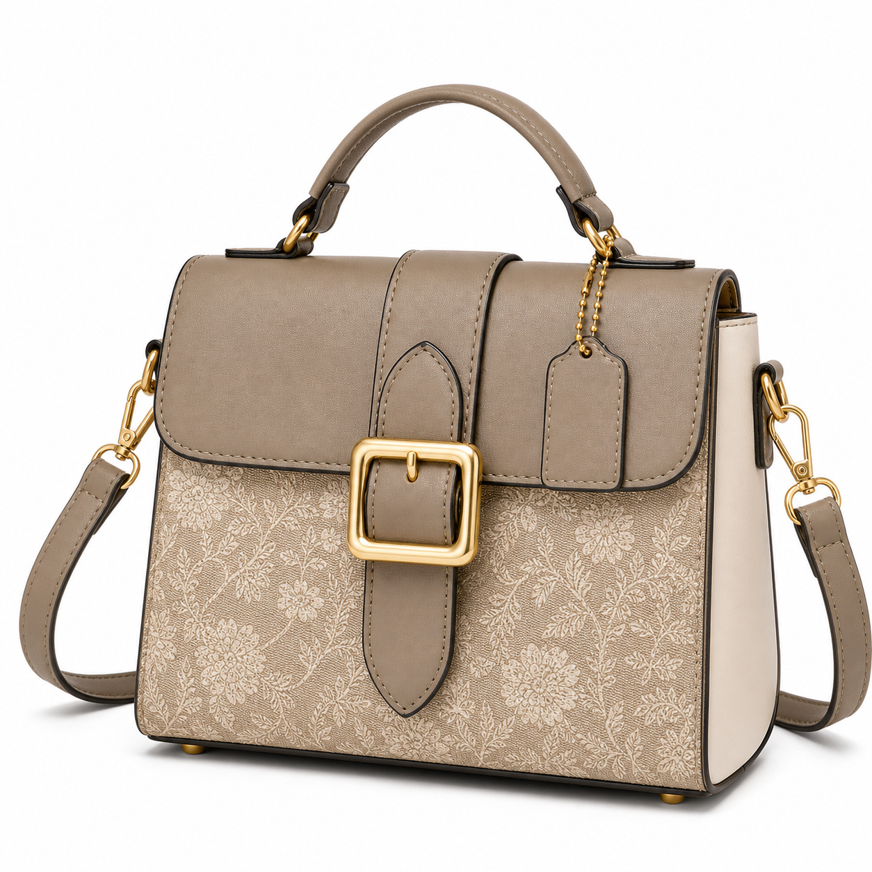 French Retro Crossbody Tote Khaki variant on white background
