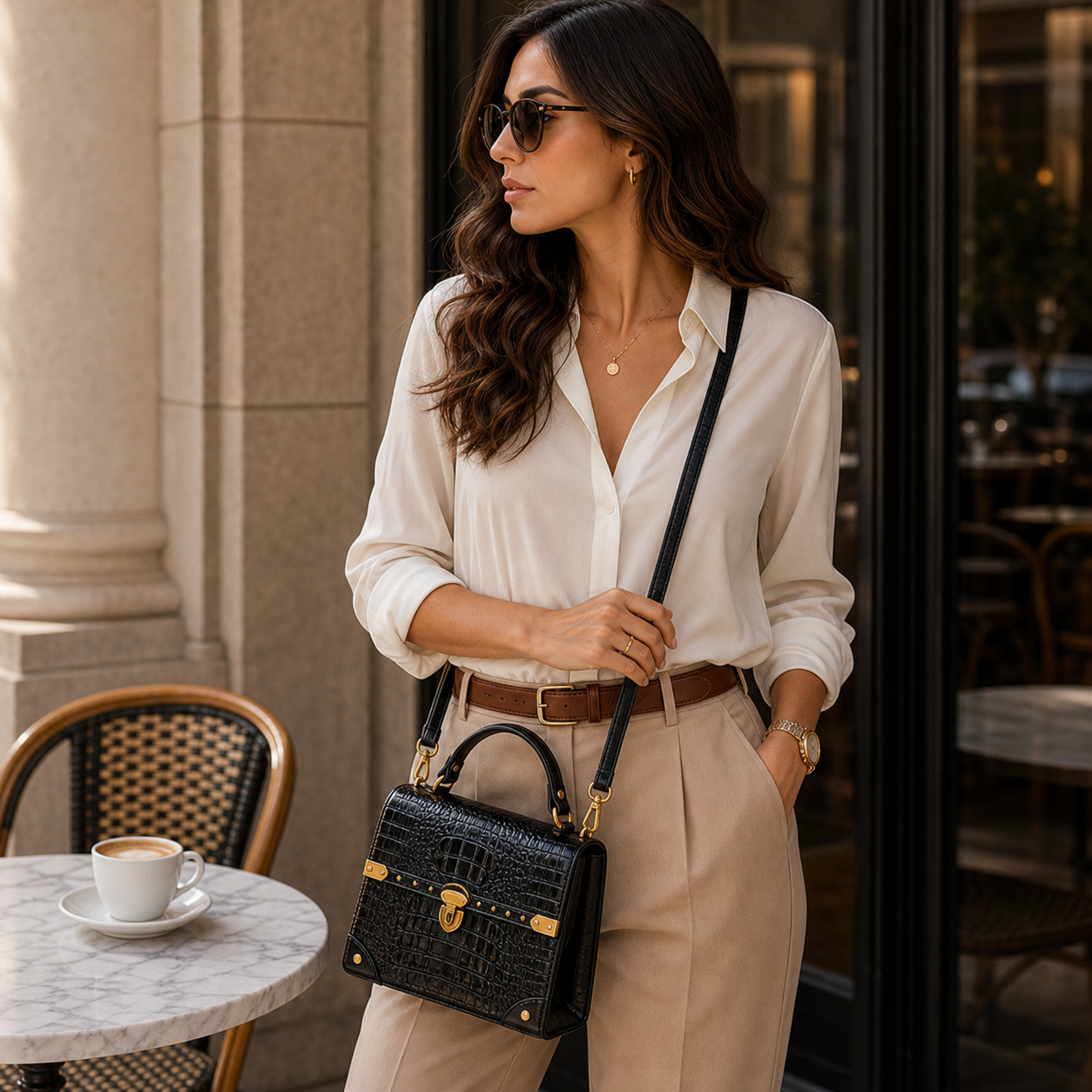 Purple Square Crossbody Bag - model wearing black variant