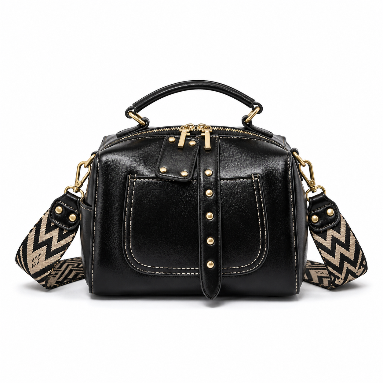 Retro Leather Crossbody Bag Black variant on white background