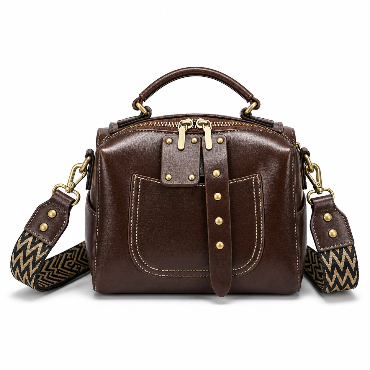 Retro Leather Crossbody Bag Coffee variant on white background