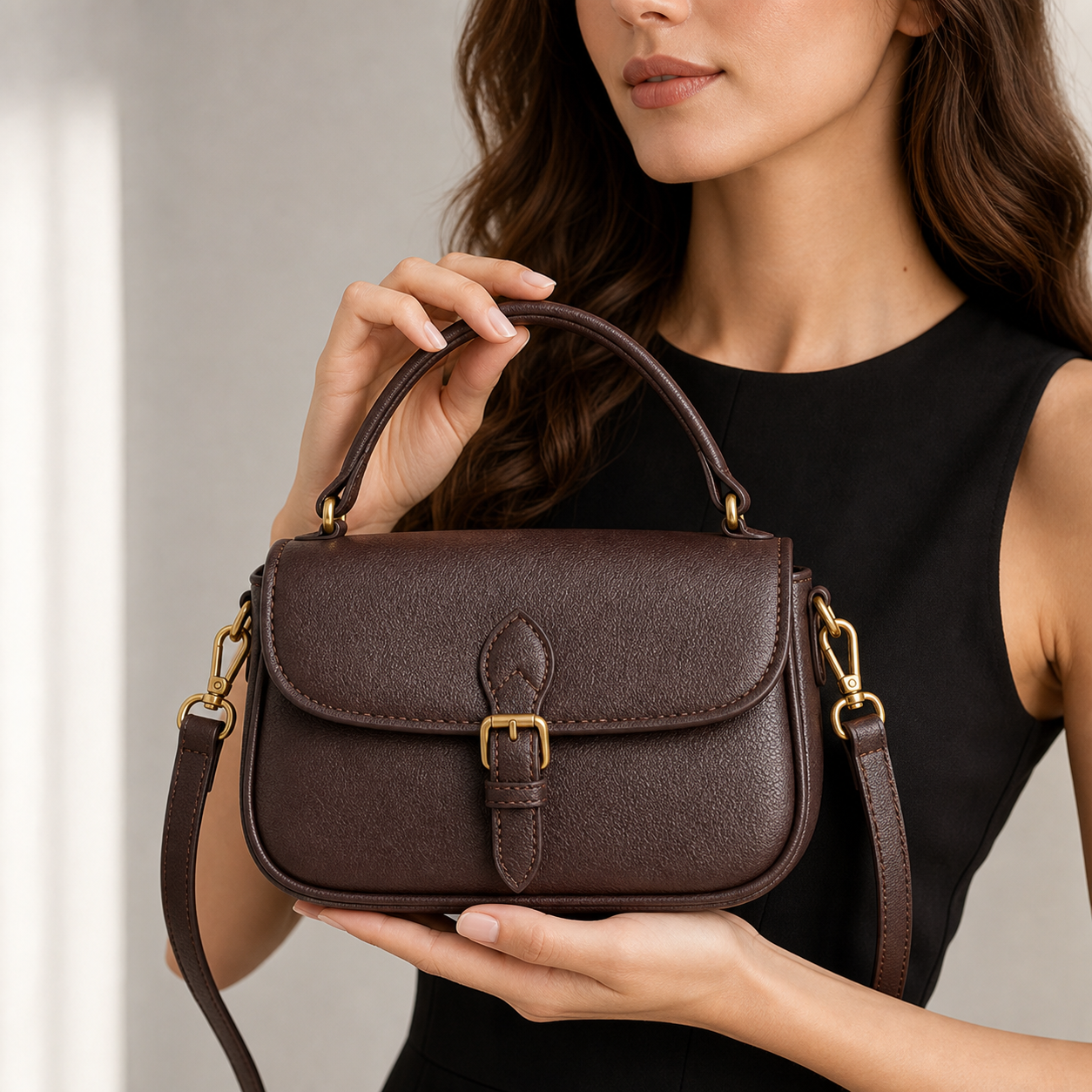Model presenting Coffee Vintage Multicolor Leather Crossbody