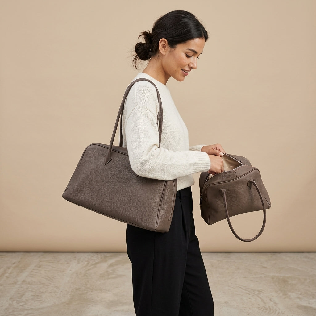 Signature Soft Suede Barrel Bag em uso por modelo