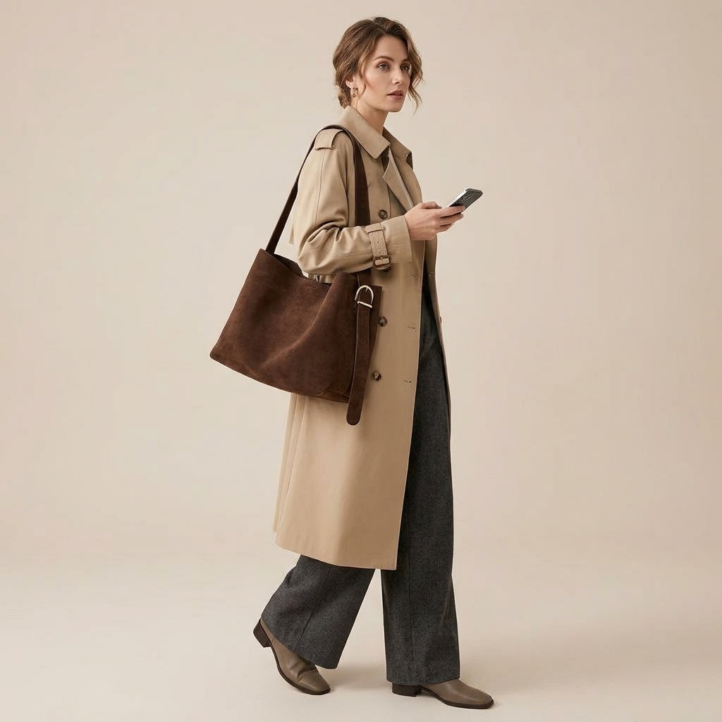 The Grand Suede Winter Bag em uso por modelo