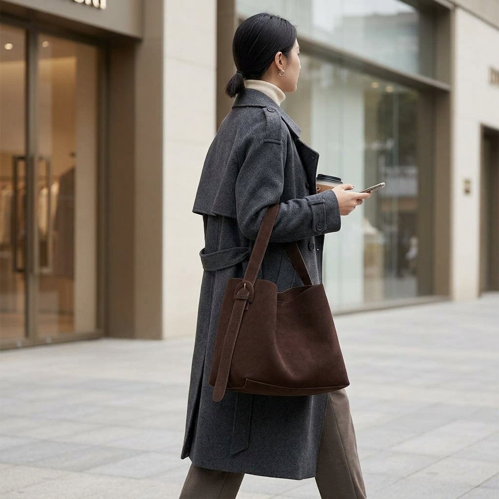 The Grand Suede Winter Bag em uso por modelo