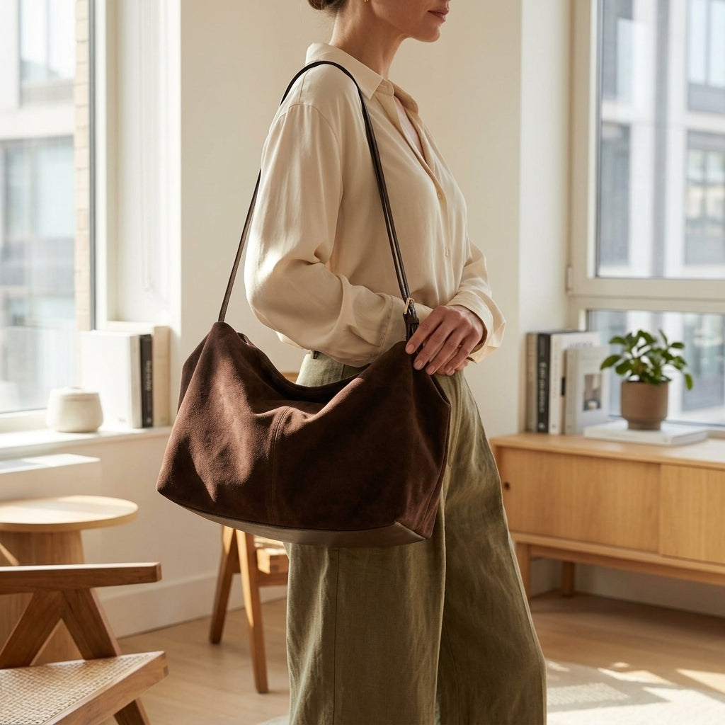 The Suede Boston Pillow Bag em uso por modelo