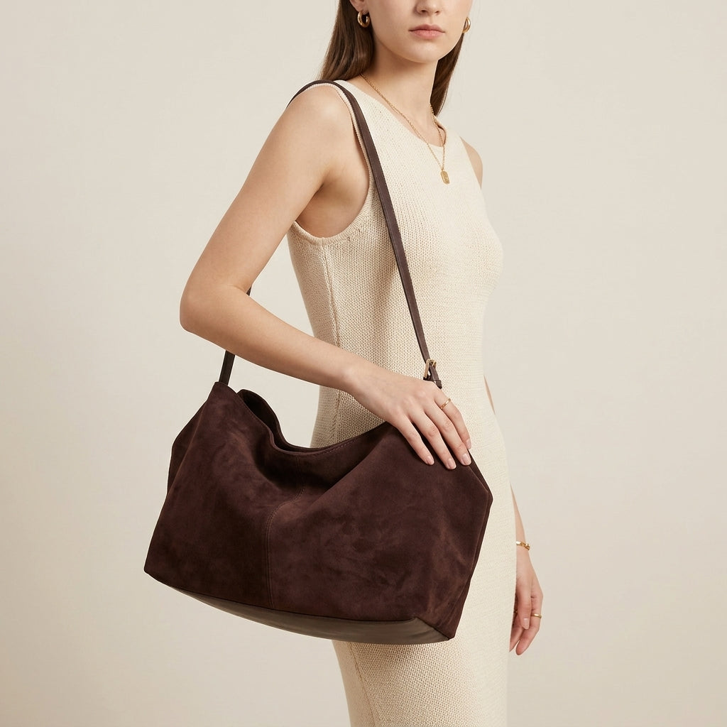 The Suede Boston Pillow Bag em uso por modelo