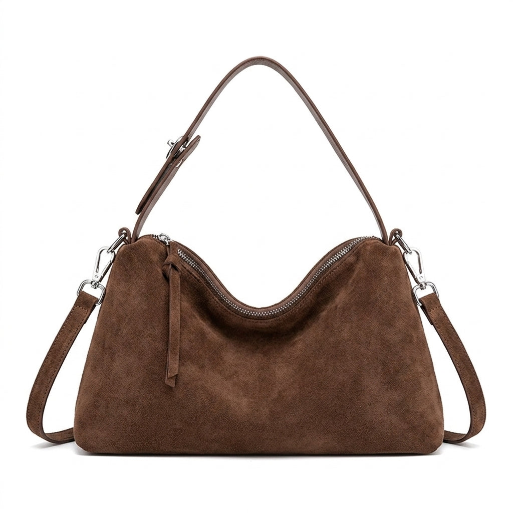 Large Suede Shoulder Bag for Work na cor Coffee em fundo branco