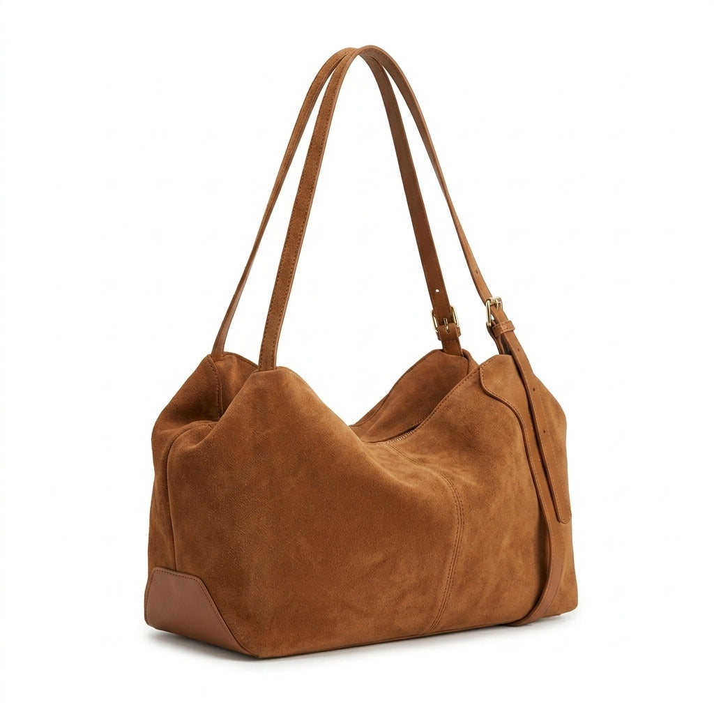 The Suede Boston Pillow Bag na cor caramel suede em fundo branco