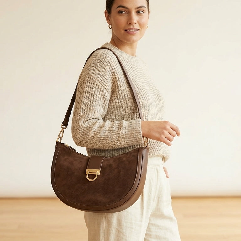 Matte Suede All-Season Shoulder Bag em uso por modelo