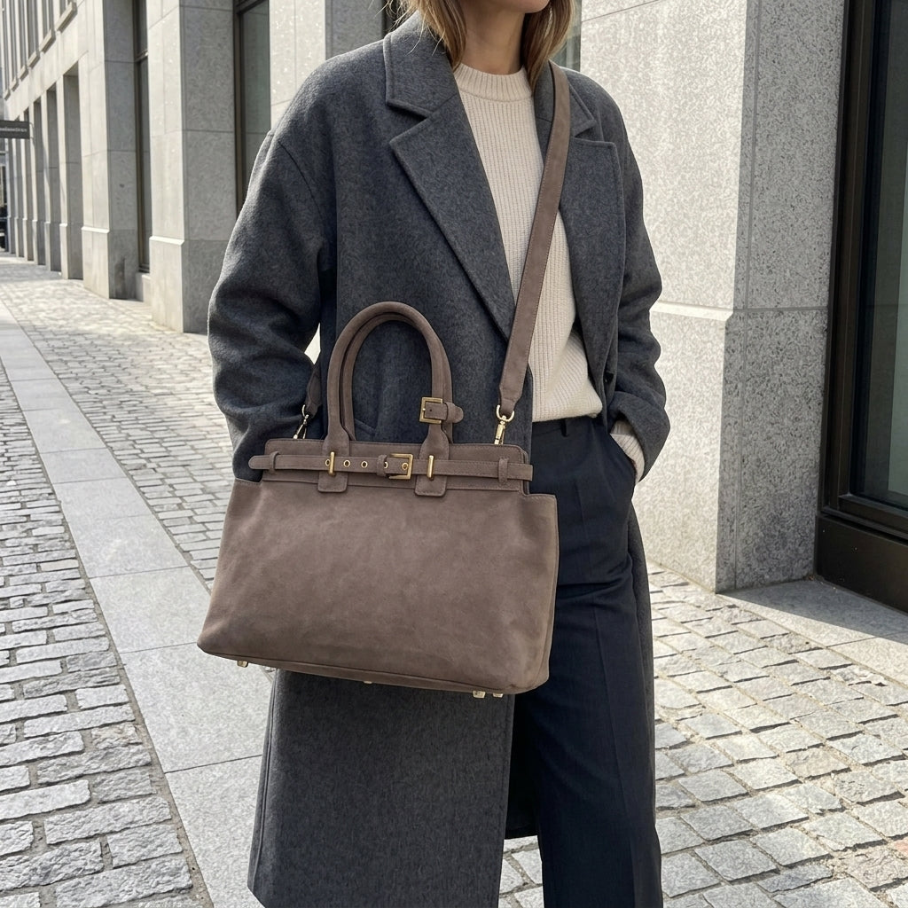 The Pure Suede Artisan Bag em uso por modelo
