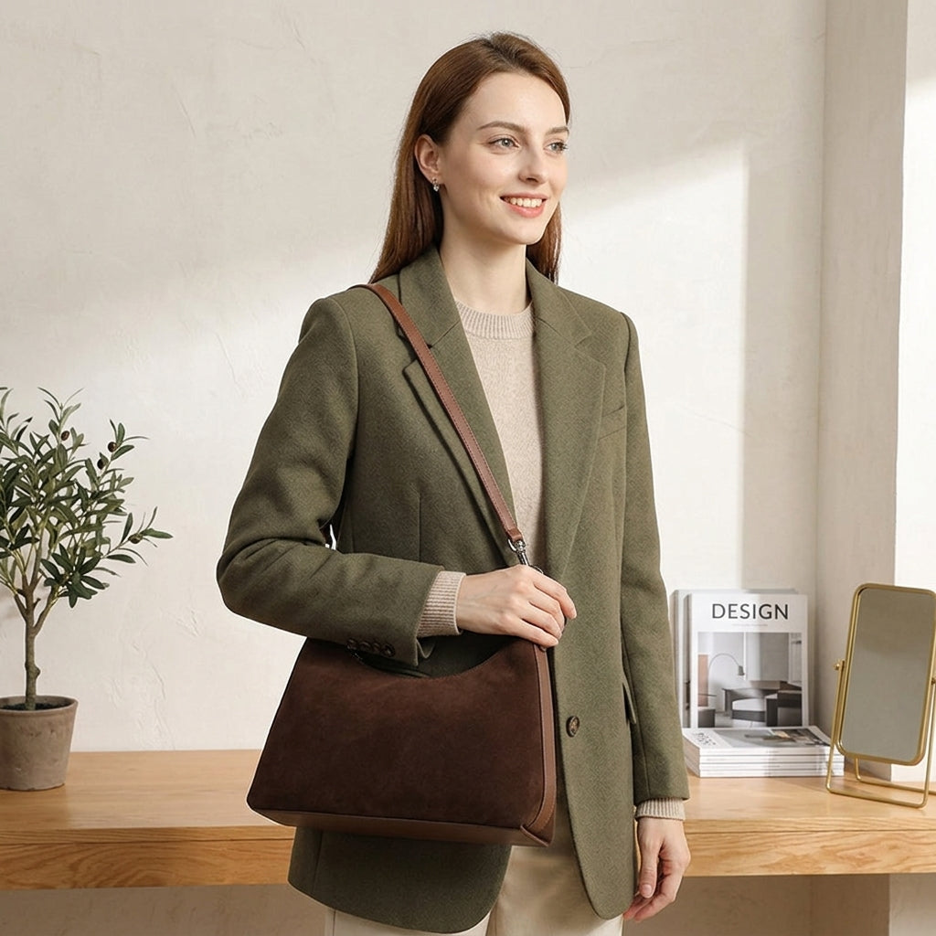 Urban Frosted Suede Crossbody em uso por modelo