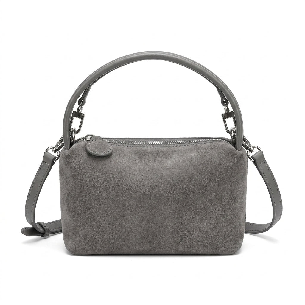 The Suede Mini Box Bag na cor Gray em fundo branco