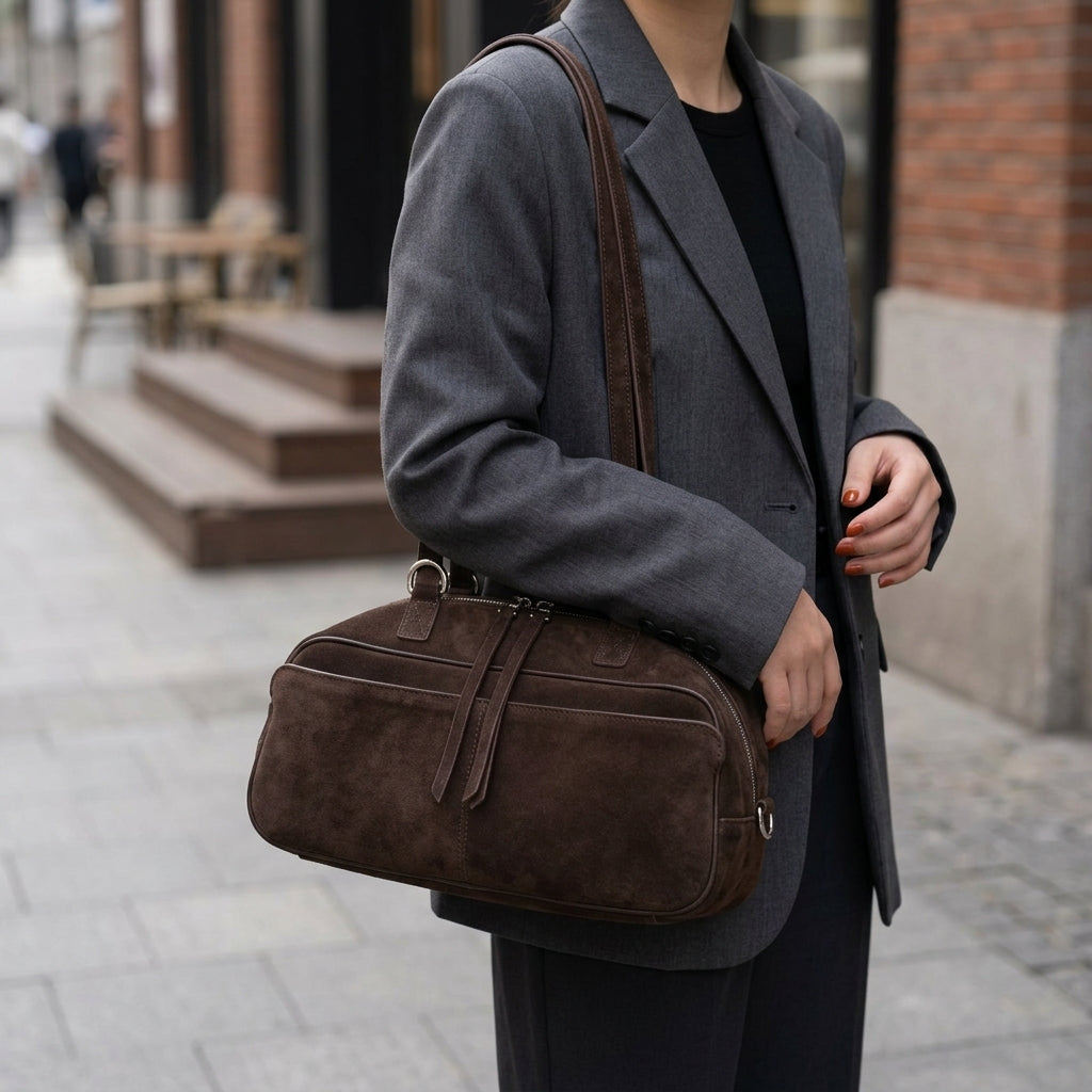 The Serene Suede Barrel Bag em uso por modelo